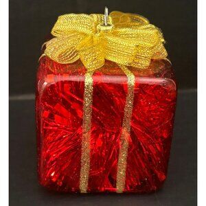 Red Glitter Gift Box Holiday Ornament w Gold Bow Sparkling Accents